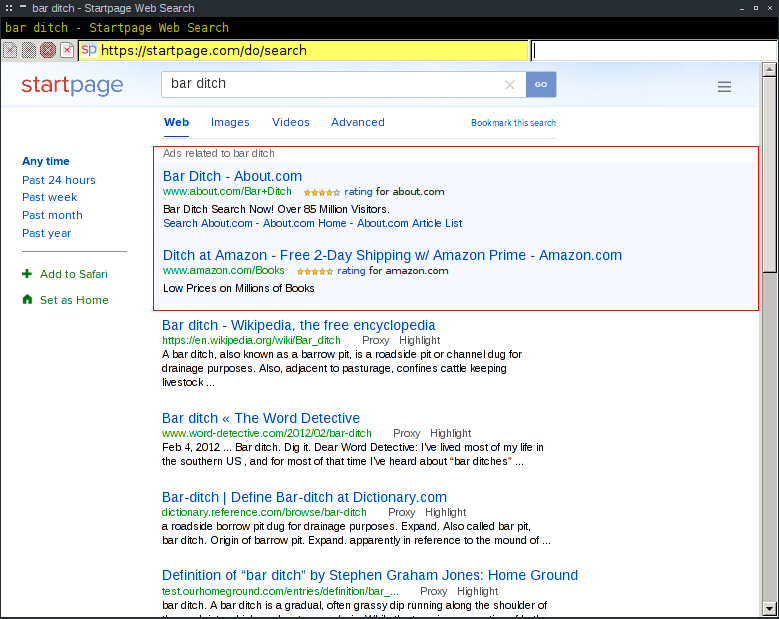 startpage.com with added ads section distinguished